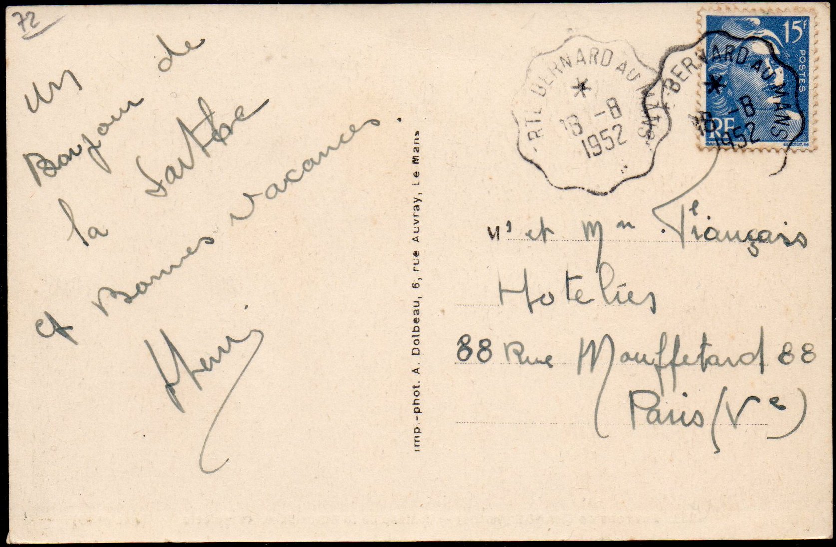 Courrier-Convoyeur La Ferté-Bernard au Mans 1955 on a postcard of Changé